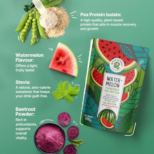 Image of GREEN PROTEIN Plant Protein Isolate Powder, Vegan Plant Protein, No Added Sugar, 100% Vegan, Soy Free, Dairy Free, Gluten Free, Allergen Free, Watermelon Flavor, 15g Protein Per Serving, Pouch (500g)