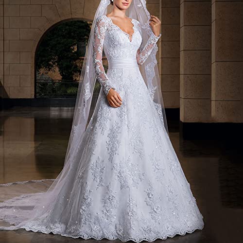 HPIFAE Robe Mariage Femme Robe Chic Blanche Longue Elégante Manches Longues Sexy Col V Grande Taille Dentelle Robe de Mariée Vêtements de mariée White 40 Cover