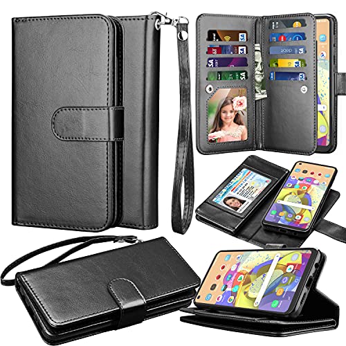 Galaxy A21 Case, for Samsung Galaxy A21 Wallet Case, Takfox PU Leather w 9 ID Credit Card Holder Slots Folio Flip Magnetic Detachable Hard Cover Case & [Wrist Strap] for Samsung A21-Black