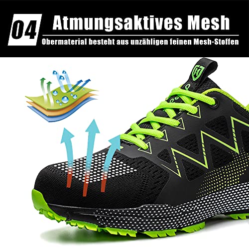 Foto von AFJYG Sicherheitsschuhe Herren Atmungsaktiv Arbeitsschuhe Damen Leicht Sportlich Stahlkappenschuhe rutschfest Schutzschuhe, Grün, EU 44
