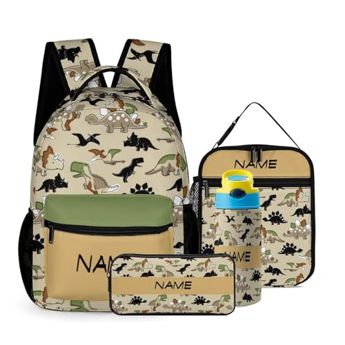 Custom Colorful Dinosaur Backpacks 4 Piece Set Personalized Add Name Backpack with Lunch Bag Pencil Bag Kids Water Bottle Customization School Book Bags for Boys Girls