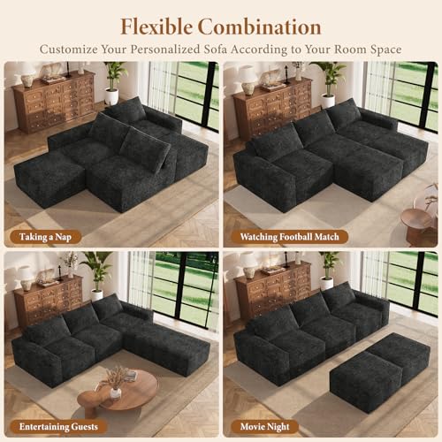 Image of Vesgantti 114 inch Boneless Modular Sectional Sofa, Modern U Shaped 5 Seater Couch with 2 Ottoman & Deep Seat, Convertible Chenille Cloud Couches for Living Room, No Assembly Required, Black
