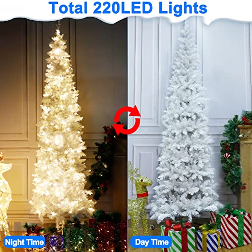 Turnmeon 7.5 Ft Prelit Pencil Christmas Tree Decoration 1000 Branch Tips 8 Modes 220 Led Warm Lights Plug In Metal Stand Hinged Artificial Slim Xmas Tree Decor Home Indoor Outdoor Party Holiday(White) #TOP5