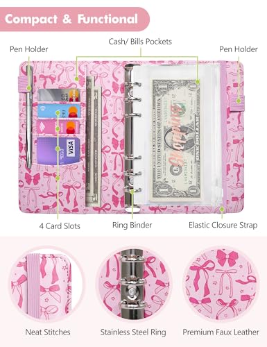 Image of A6 Budget Binder for Money Saving, PU Leather Budget Planner with 8 Cash Envelopes, Budget Sheets & Rose Gold Category Stickers, Money Organizer for Cash (Pink Bow)