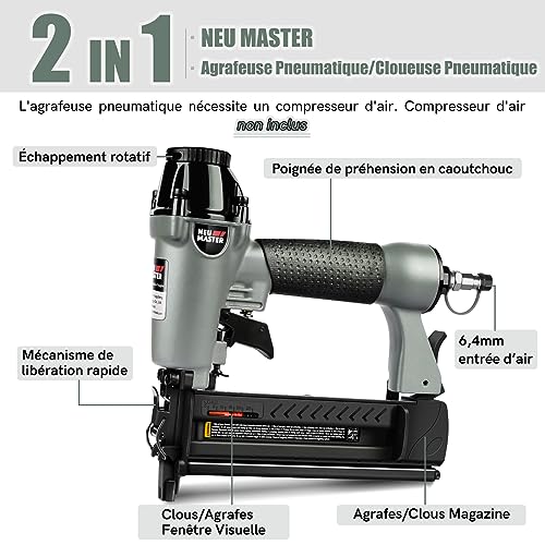 NEU MASTER Cloueuse/Agrafeuse Pneumatique Multifonctionnelle 2 en 1 avec 800 Clous, 200 Agrafes, étui de Transport, Lunettes de Potection, Bouteilles en Plastique Vides et 2 clés Allen – vue 3