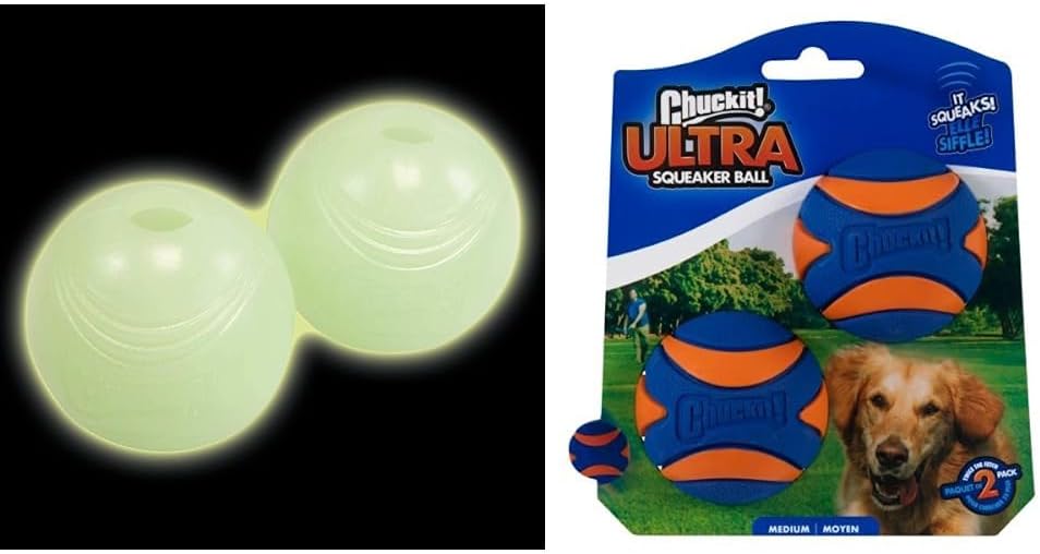 Chuckit! Max Glow Ball Dog Toy, Medium (2.5 Inch) 2 Pack & Ultra Squeaker Ball Dog Toy, Medium (2.5 Inch) 2 Pack