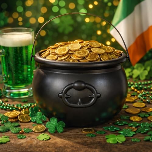 Image of St Patricks Day Coin Pot, 7.5 inch Black Plastic Cauldron Large Pot of Gold Bucket Black Plastic Cauldron For St. Patrick's Day Leprechaun & Mardi Gras Party Table Centerpiece Decoration Supply Accessory