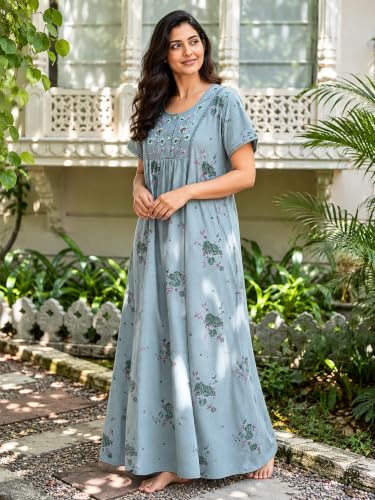 Image of 9shines Label Stylish Cotton Blend Embroidered Maxi Nightdress for Women with Pocket| Full Length Nightwear| Premium Nightdress| Comfortable Nightwear(5256)