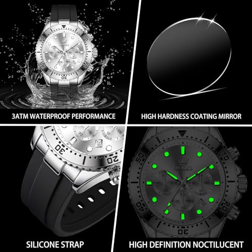 Image of OLEVS Men's Watches Sport Chronograph Analog Quartz Watch for Men with Date Waterproof Dress Casual Fashion Watch Soft Silicone Rubber Strap Band, Unidirectional Bezel & 42mm Big Face