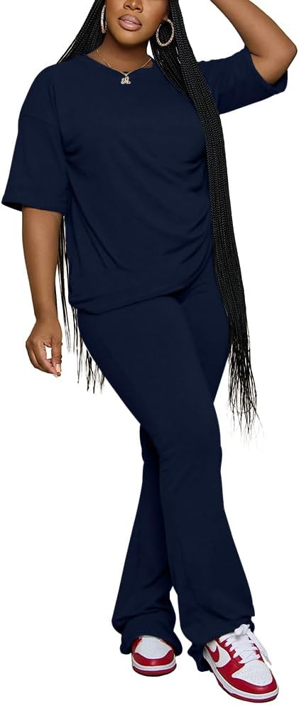 PINSV Women 2 Piece Outfits Short Sleeve Top and Flare Pants Lounge Sets Tracksuit