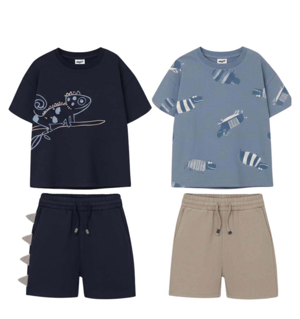 MOYO 4er Set Kinder T-Shirts & Shorts Chameleon – Baumwolle BCI, Öko-Tex – Dino & Safari unisex