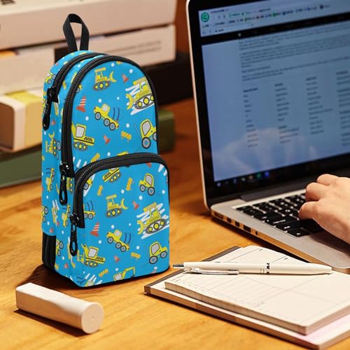 Image of ZAZYXTJ Cute Construction Car Truck Standing Large Capacity Pencil Case 3 Compartment Pen Pouch Storage Canvas Makeup Bag for School Office Teen Girl Boy Men Women