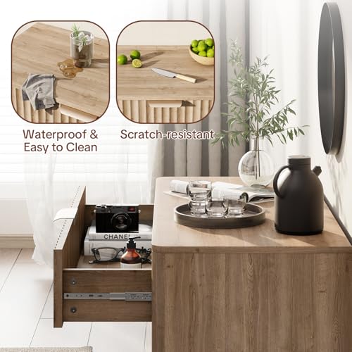Image of Fluted Buffet Cabinet Accent with Doors & Drawer 31 inch Oak | Anti-tipping Design, Scratch & Water-resistant, Pre-drilled Easy Assembly Versatile for Kitchen, Entryway & Living Room