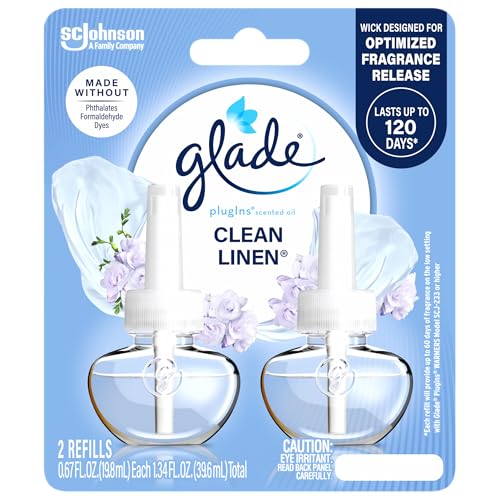 Glade PlugIns Refills Air Freshener, Scented and Essential Oils for Home and Bathroom, Clean Linen, 1.34 Fl Oz, 2 Count