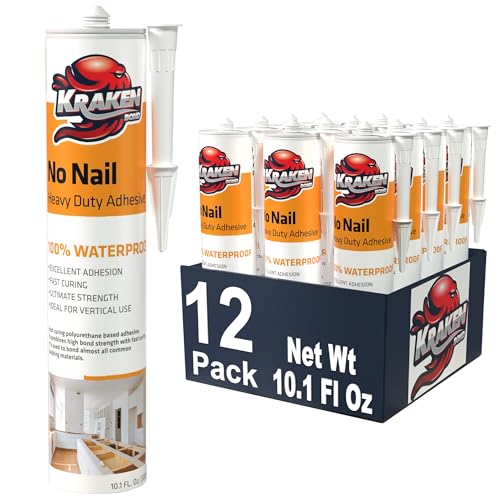 Image of Kraken Bond No More Nails Heavy Duty Clear Adhesive - (12x10.1 Fl Oz) 100% Waterproof & Extra Strong Polyurethane Construction Sealant for Wood, Ceramic, Tile, Floor, Granite, Rubber - 12 Pack