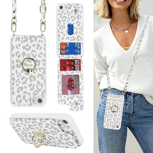 Image of for iPhone 7 Plus / 8 Plus Case with Card Holder and Strap for Women,Crossbody Lanyard,Kickstand Ring Stand,Snap Clasp,Cute Phone Wallet Cases 5.5 inch(White Leopard)