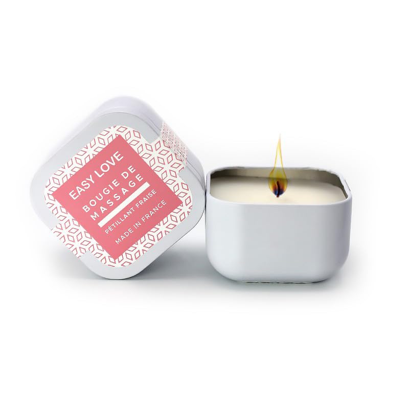 Bougie de Massage Easy Love – Parfum Fraise Pétillante – 54g – Huile de Massage Tiède Gourmande – Made in France – Ingrédients Naturels – Format Voyage – Détente et Sensualité