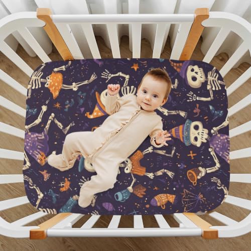 Image of Halloween Cute Skeleton Crib Sheets | Soft Breathable Fitted Baby Crib Sheets Mattress Cover for Girls Boys 52 inch x 28 inch x 9 inch