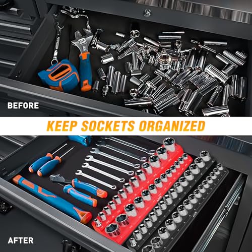 Image of GOOACC 3 /8 inch Magnetic Socket Organizer, 2 Pieces Metric & SAE Socket Drive Holders 3 /8 inch Socket Organizer Tray Holds 56 Standard Sockets for Toolboxes