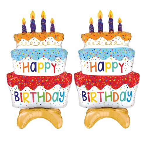 Image of 2pcs 39 inch Happy Birthday Cake Foil Balloons, Giant Self-Standing Three Layer Birthday Balloons for Girls Boys Kids Baby Shower Birthday Party Supplies