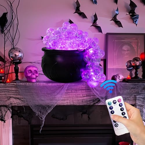 OKESYO Halloween Hexenkessel mit Bubble Lichtkugel und Fernbedienung, DIY Hexen Kessel Deko mit Lichterkette für Halloween, Karneval, Party, 8 Modi