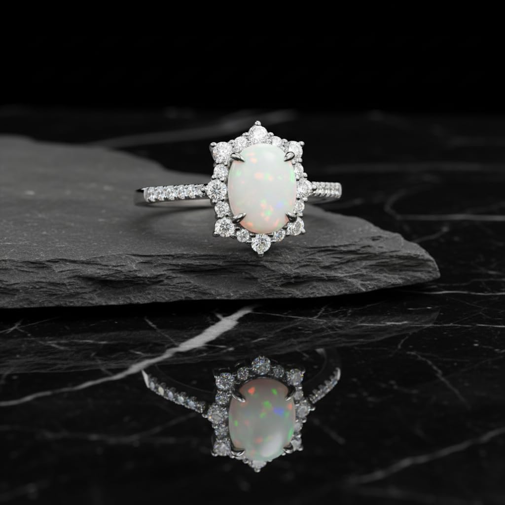 2 Carat Opal Engagement Ring for Women Unique Oval Cut Opal Women Ring 925 Sterling Silver Rings with 18K White Gold Plated - Image 4