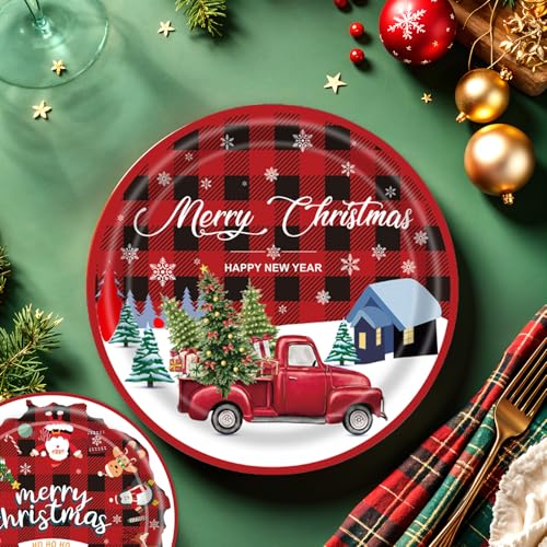 Christmas 9 Inch & 7 Inch Party Plates and Napkins Set – Buffalo Plaid Red Truck Disposable Paper Dinner Plates Dessert Plates Napkins for Holiday Dinner Xmas Party Supplies Decorations, Serves 20 – Image 7