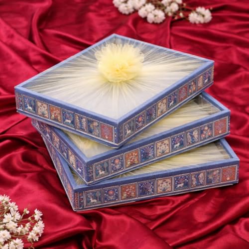 Image of SATYAM KRAFT 3 Pcs Multipurpose Decorative Folding Gift Box, Gift hampers | Paper Gift Hamper Boxes for wedding Return Gifts, Sweets, DIY Craft | Rectangular Cardboard Tray with Net (Dark Blue)