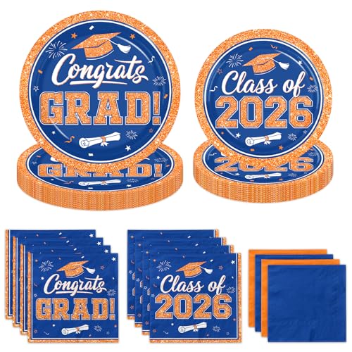 Gexlaju Graduation Plates and Napkins 2026 200pcs Orange and Blue Graduation Decorations 2026 Disposable Congrats Grad Paper Plates for Class Of 2026 Party Supplies Serve 50