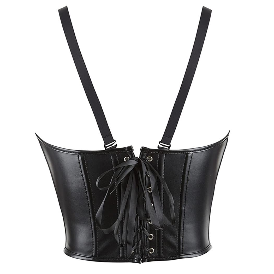DISSA Corset Sous Poitrine Similicuir avec Bretelles | Similicuir, sous poitrine, fermeture busk avant, bretelles réglables, ruban laçage arrière, baleines plastiques