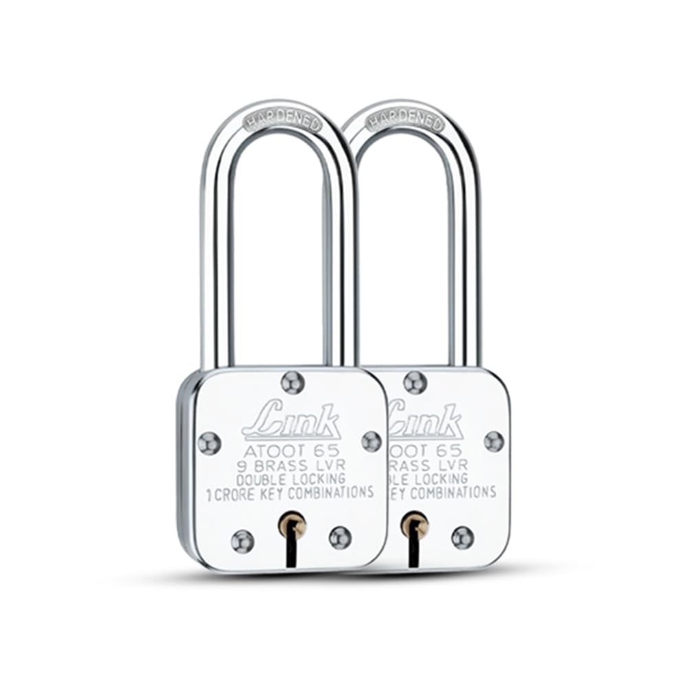 Link® Atoot 65Lsmm Long Shackle | 1 Crore Key Combinations | Steel Body | Hardened Shackle | 9 Brass Lever | Made in India | Each Padlock with 3 Silver Keys (Pack of 2)
