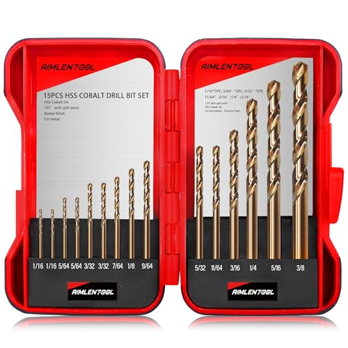 Aimlentool M35-15PCS Cobalt Drill Bit Set, M35 Hss, Sae (1/16 Inch - 3/8"), 135° Tip, Twist Jobber Length Drill Bit Kit cover