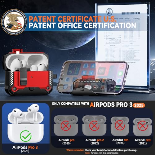Image of for AirPods Pro 3 Case with Lock & Phone Stand(Red) | Automatic Snap Switch Lock,Carbon Fiber Texture Design Cover with Cleaner Kit