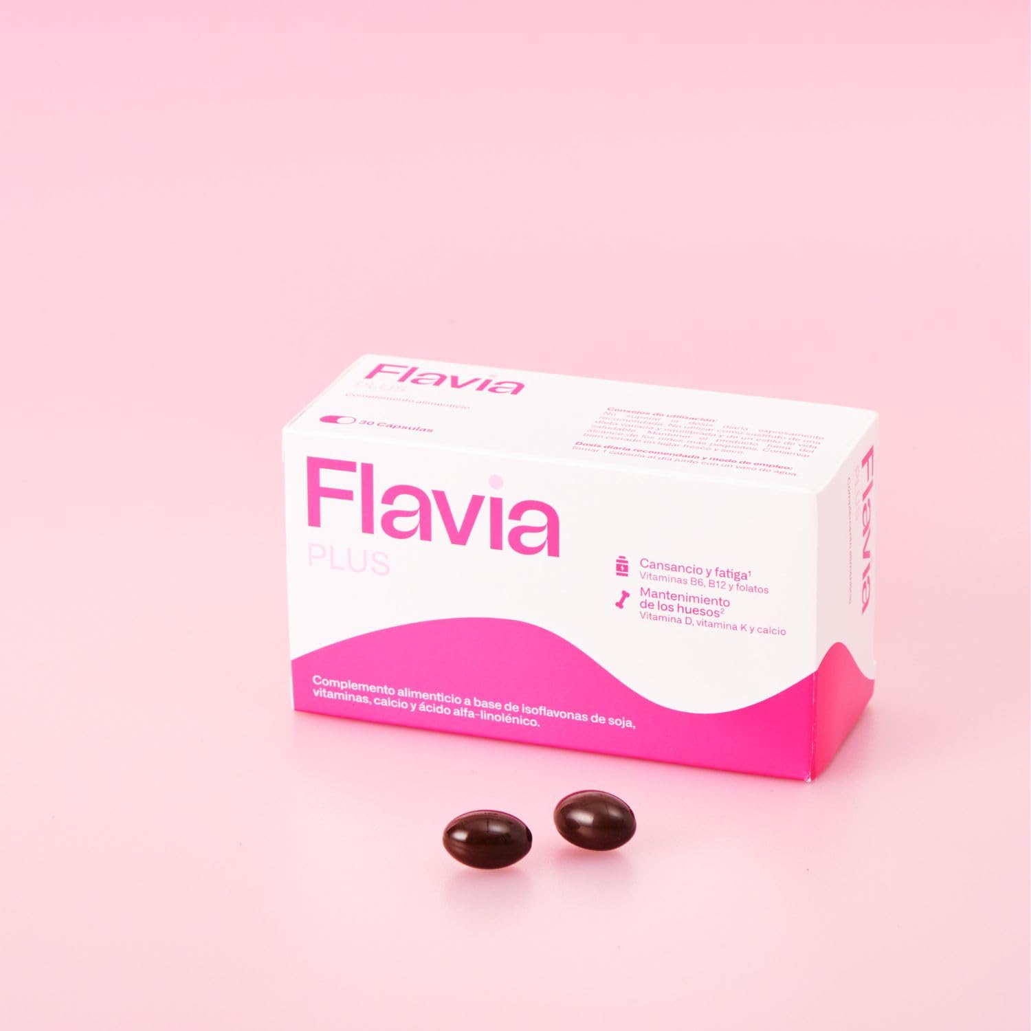FLAVIA Plus Pack 2 x 30 Comprimidos - Alivia los Síntomas de la Menopausia, Bienestar de los Huesos, Disminuye el Cansancio, Complemento Alimenticio con Isoflavonas de Soja y Calcio