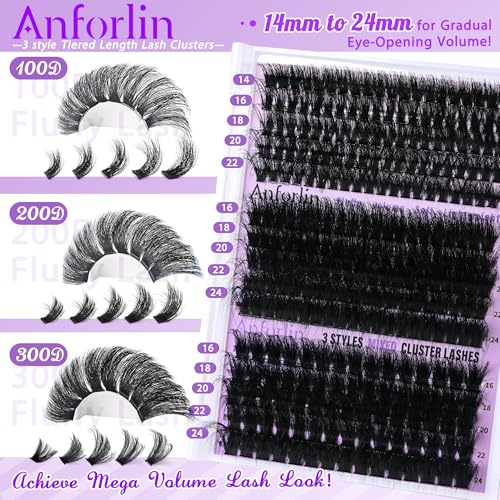 Lash Clusters 14-24mm Eyelash Clusters 100D+200D+300D Thick Volume Lash Extension 275pcs Fluffy Eyelash Extensions D Curl DIY Individual 3 Style Cluster Lashes at Home by Anforlin