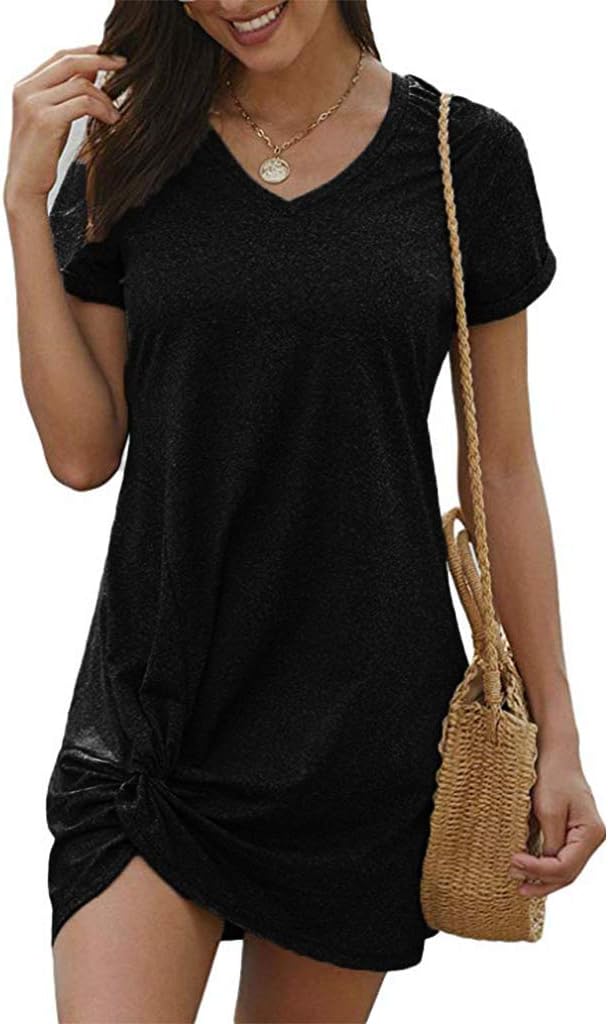 Locryz Women's Summer Twist Knot Tshirt Dresses Casual Loose Dress V Neck Short Sleeve Knot Dress - Image 7