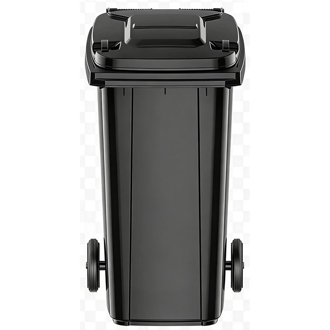 Duży wysoki kosz na śmieci, z kołami i mechanicznym systemem zaczepów, z uchwytami i pokrywą, wytrzymały plastik (czarny, 120 l)