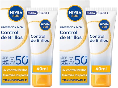 NIVEA SUN Control de Brillos Protección Facial FP50+ Transpirable - Matificante 12 h - Carnitina, Tapioca, Almidón de Arroz, Licocalcón A - Textura Ligera y 0% Sensación Grasa - Piel grasa - 40 ml