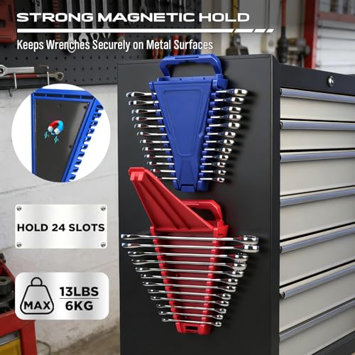 Image of 8-Piece Magnetic Socket and Wrench Organizer Set, Metric & SAE, 1 /4 inch, 3 /8 inch, 1 /2 inchDrive Detachable Socket Storage Tray, 24-Slot Wrench Holder with Non-Slip Handle & Lock Cover for Toolbox Drawer Storage