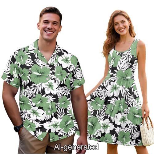 Image of Dreaweet Summer Dresses for Women A-Line Sleeveless Flowy Sun Dresses,Men's Casual Button-Down Shirts,Couple Matching Outfits
