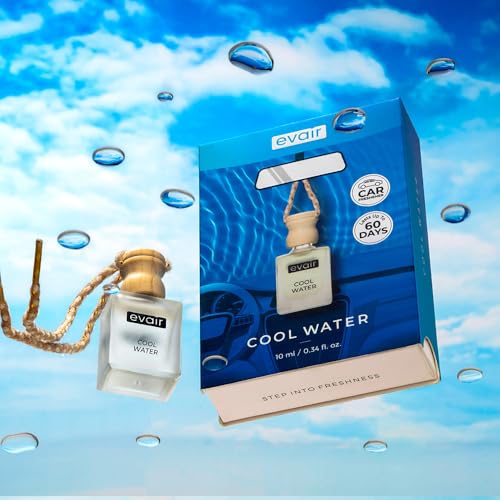 Image of Evair Cool Water Car Air Freshener, Car Aroma with Essential Oils, Hanging Perfume for Car in Glass Bottle with Wooden Diffuser Lid (10ml, Pack -1)