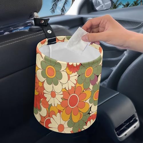 Image of Colorful Groovy Flower Print Portable Car Garbage Bin Reusable Collapsible Hanging Portable Dustbin Bin Waste Basket Car Accessories Interior for Car SUV Trucks Universal