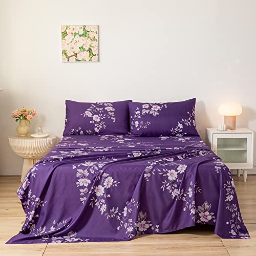 Meishang Queen Sheet Set Floral Printed Sheets Ultra Soft 100% Microfiber - 16 Inch Deep Pocket Comfortable Purple Pattern Printed Sheet Set - 4 Pieces Purple Queen #TOP1