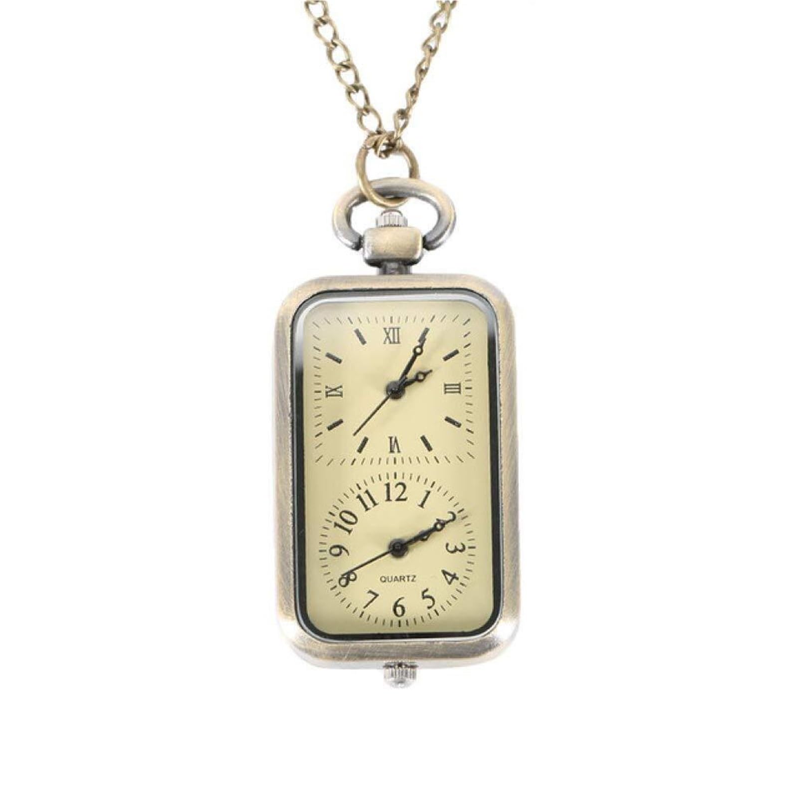 KJMWXOP Steampunk Pocket Watch Dual Double Time Zone Movement Necklace Chain Clock Rectangle Dial Vintage Quartz Watches,As Show