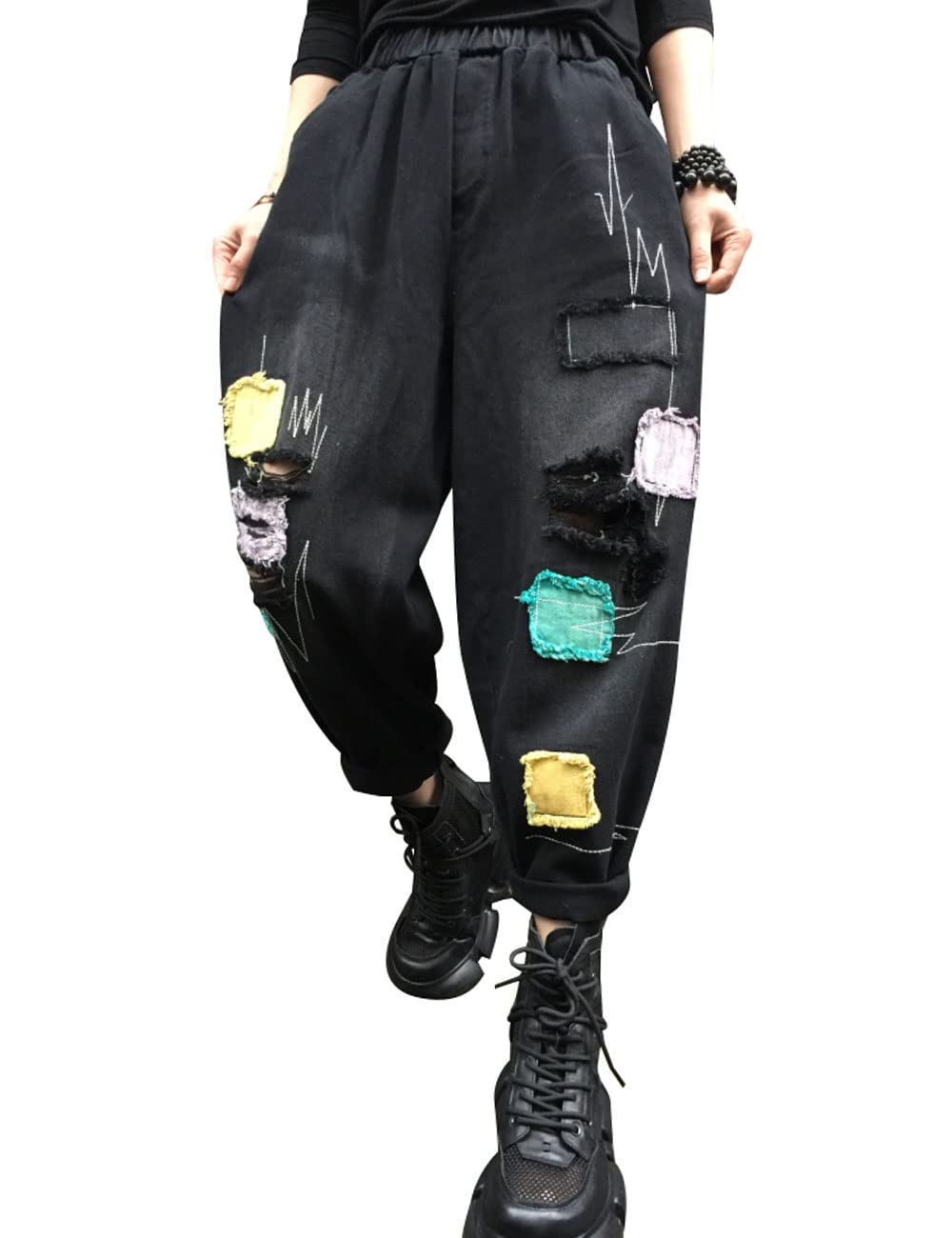 BigassetWomen's Patchwork Ripped Jeans Wide Leg Destroyed Denim Pants