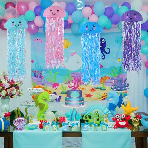 Image of Jellyfish Paper Lanterns Under The Sea Party Decorations Hanging Smile Face Jellyfish Lanterns for Baby Shark Mermaid Birthday Party Decorations Baby Shower Classroom Decor Pack of 4 Mix