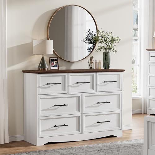 Image of Bedroom Set, 3 Pieces Bedroom Furniture Set, Wood 7 Drawer Dresser and Nightstands with Charging Station, Farmhouse Storage Organizer Cabinet for Bedroom, White
