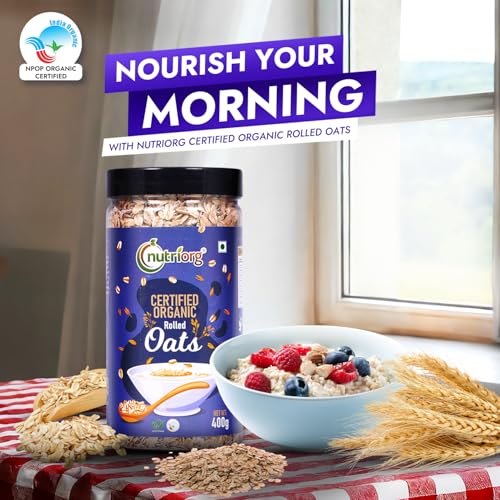 Image of Nutriorg 100% Organic Rolled Oats 1000gm | Pack of 2 | Gluten Free | High protein | Weight loss | Fibre Rich | Easy to Cook | Overnight Oats | Nutritional Breakfast Cereal Oats | Air Tight Plastic Jars