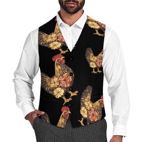 Hawaiian Floral Pattern Rooster Men's Formal Suit Vest for Business Formal Or Casual Dress Waistcoat Wedding
