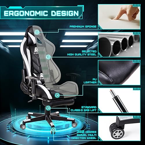 Image of AA Products Gaming Chair High Back Ergonomic Computer Racing Chair Adjustable Office Chair with Footrest, Lumbar Support Swivel Chair - White